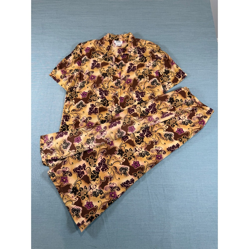 Silks by Joan Leslie Vintage 2 Piece Skirt Set Brown Gold Paisley Floral Sz 16